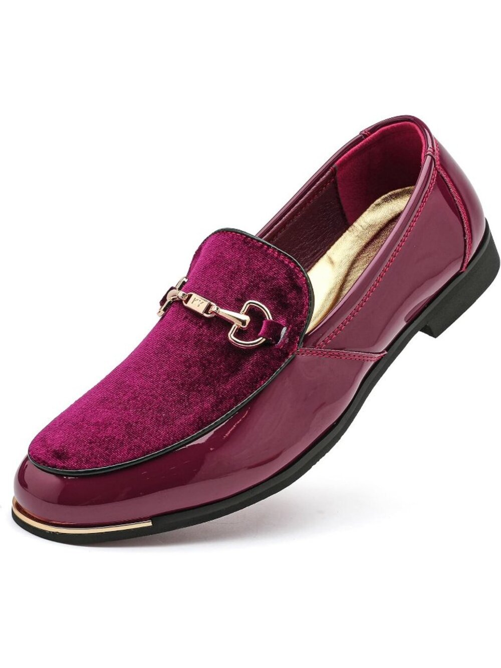Men's Red Rubber Velvet Patent Leather Loafers Gold Buckle Slip On Luxury Shoes